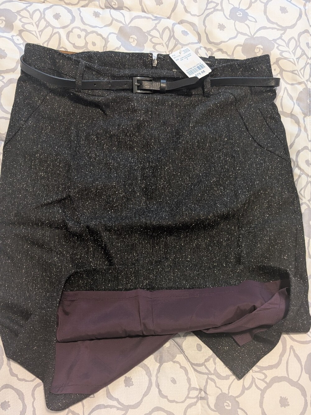 le chateau Black, White Speckled, Wool Blend Pencil Skirt with Slim Belt